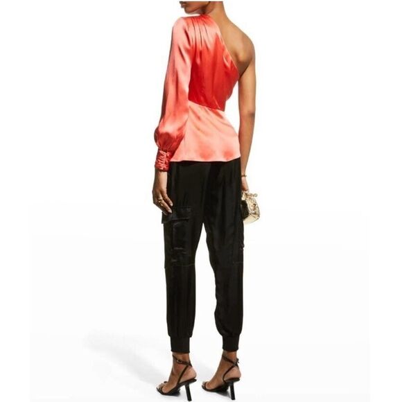 Cinq à Sept Stace Asymmetric Neck One Shoulder Silk Top Neon Coral - Picture 3 of 12